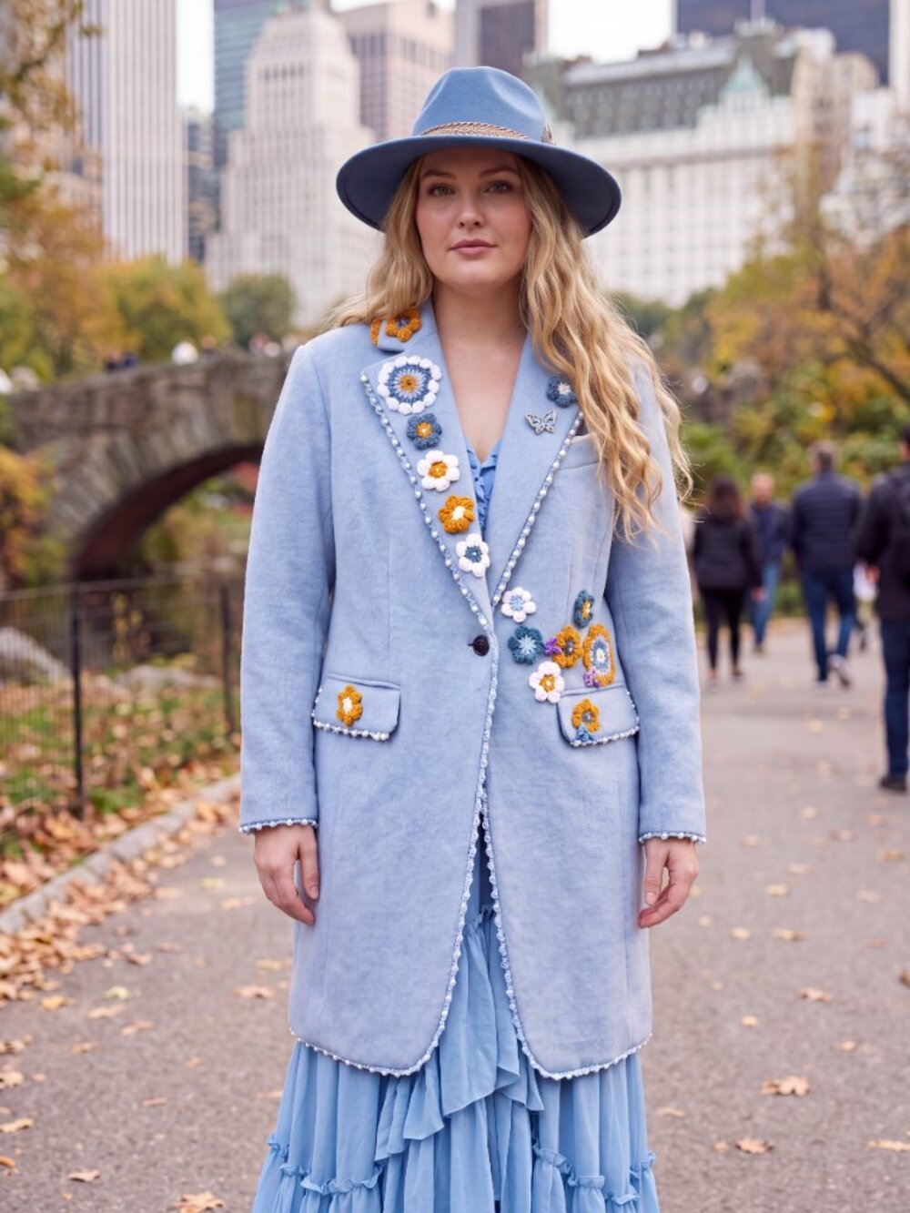 Upcycle Light Blue Crochet Flowers 3/4 Length Coat Size 16